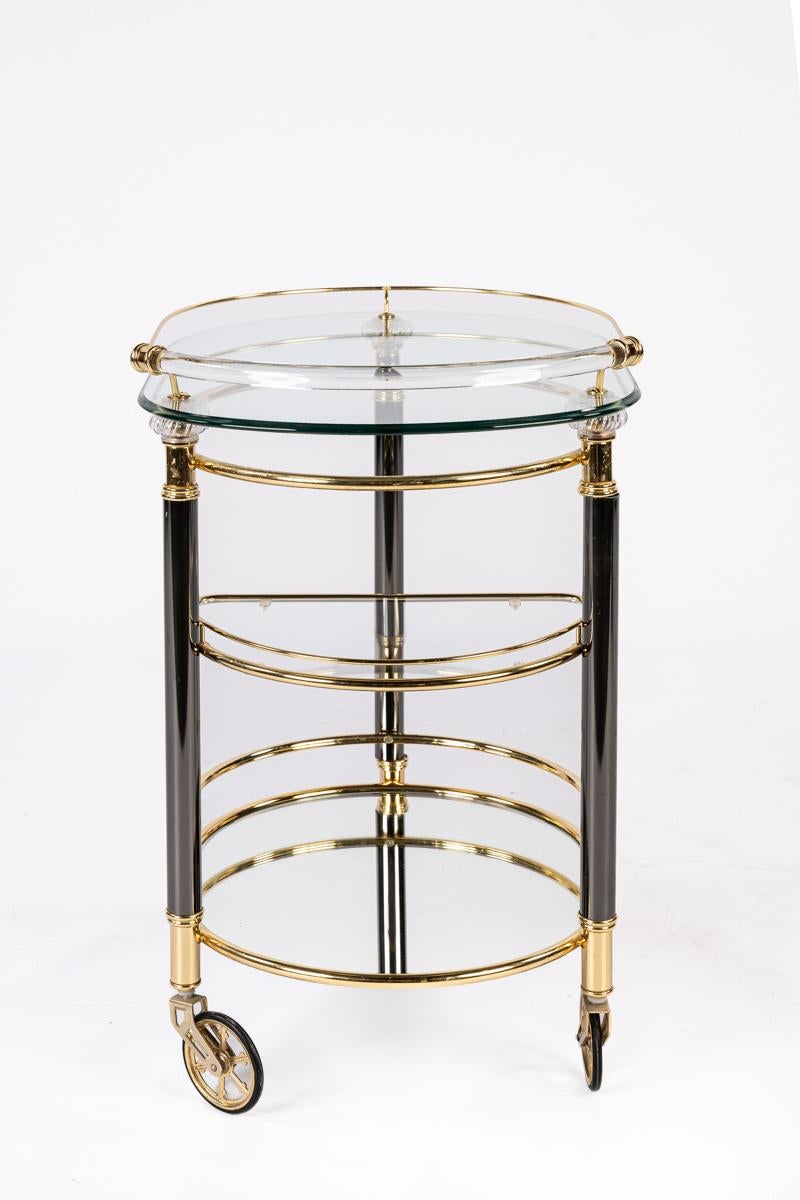 Lacquered Vintage French brass, glass and black chrome Hollywood regency bar trolley cart For Sale