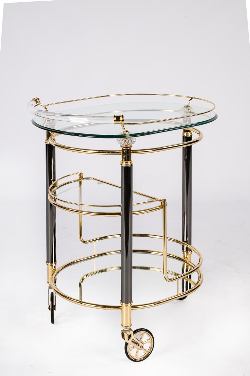 Vintage French brass, glass and black chrome Hollywood regency bar trolley cart In Good Condition For Sale In Casteren, NL