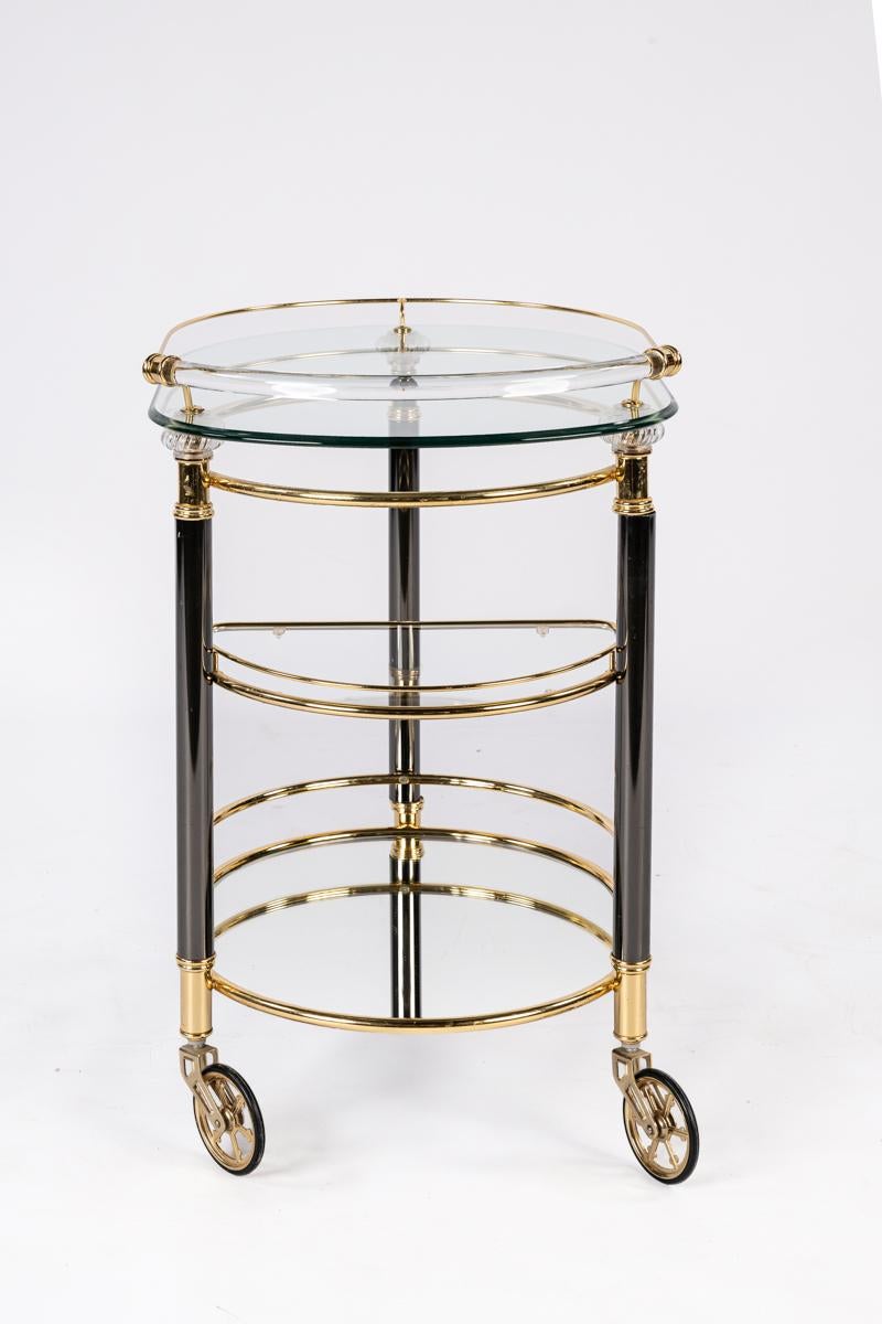 20th Century Vintage French brass, glass and black chrome Hollywood regency bar trolley cart For Sale