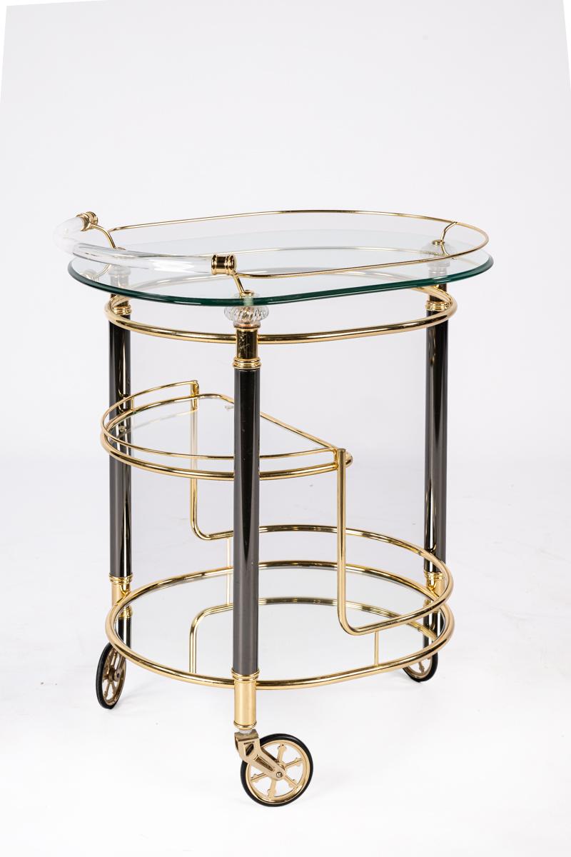 Brass Vintage French brass, glass and black chrome Hollywood regency bar trolley cart For Sale