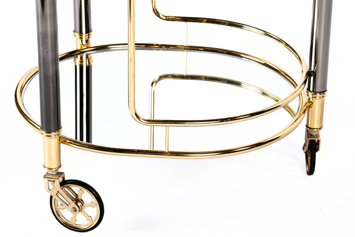 Vintage French brass, glass and black chrome Hollywood regency bar trolley cart For Sale 1
