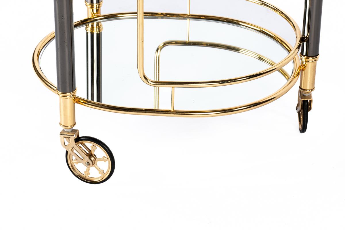 Vintage French brass, glass and black chrome Hollywood regency bar trolley cart For Sale 2