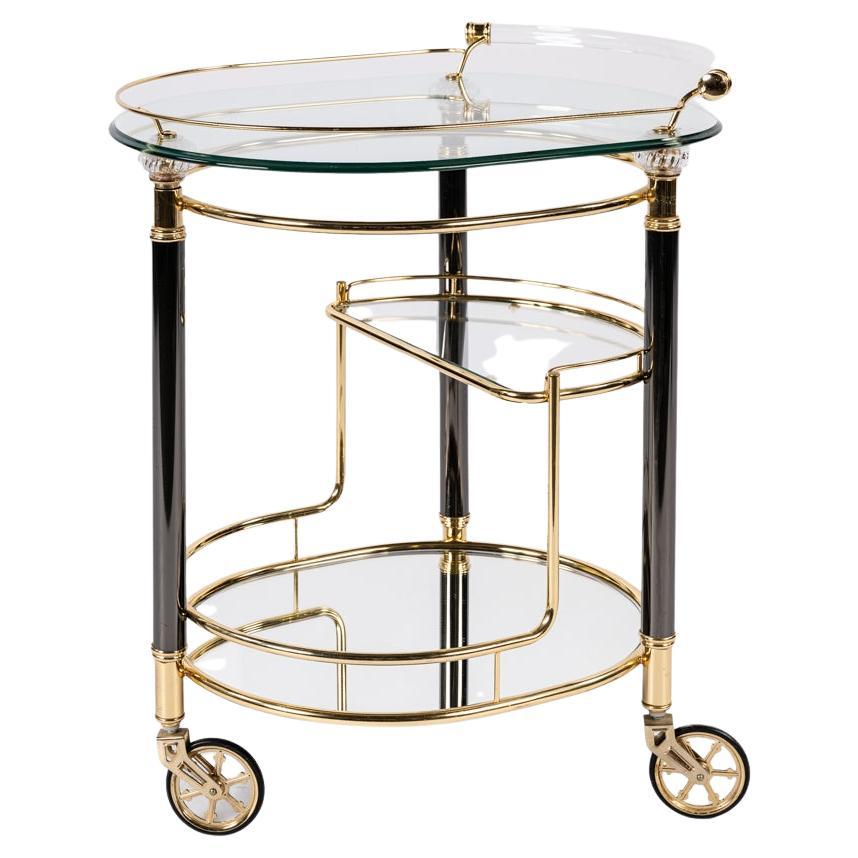 Vintage French brass, glass and black chrome Hollywood regency bar trolley cart For Sale
