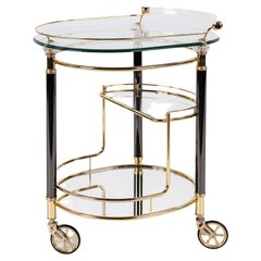 Vintage French brass, glass and black chrome Hollywood regency bar trolley cart