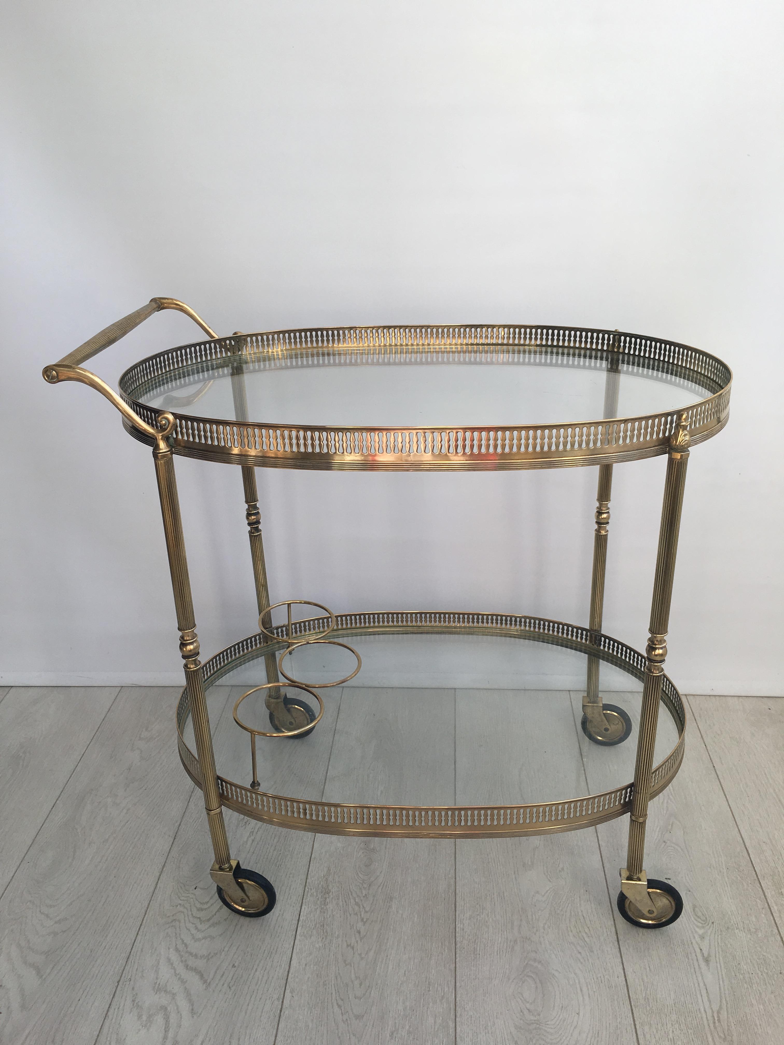 Hollywood Regency Vintage French Brass Oval Drinks Trolley or Bar Cart