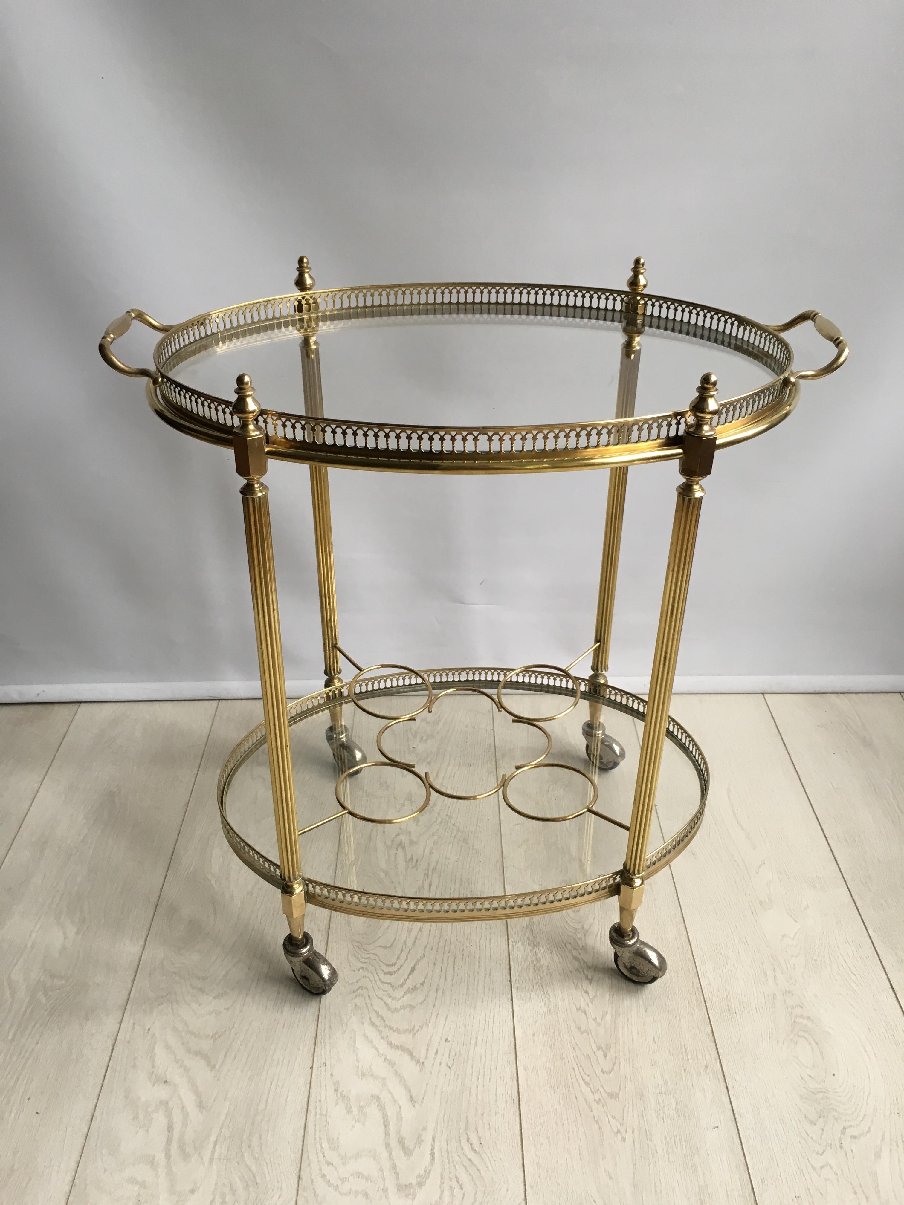 Hollywood Regency Vintage French Brass Oval Drinks Trolley or Bar Cart