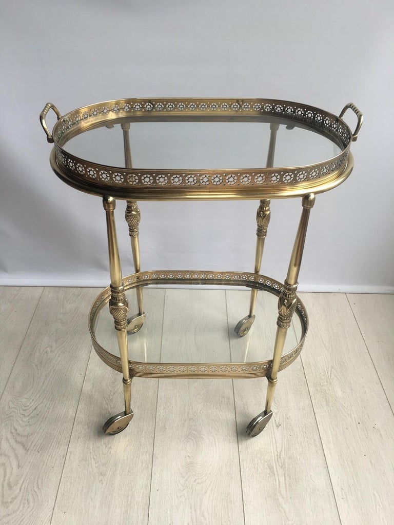 Hollywood Regency Vintage French Brass Oval Drinks Trolley or Bar Cart For Sale