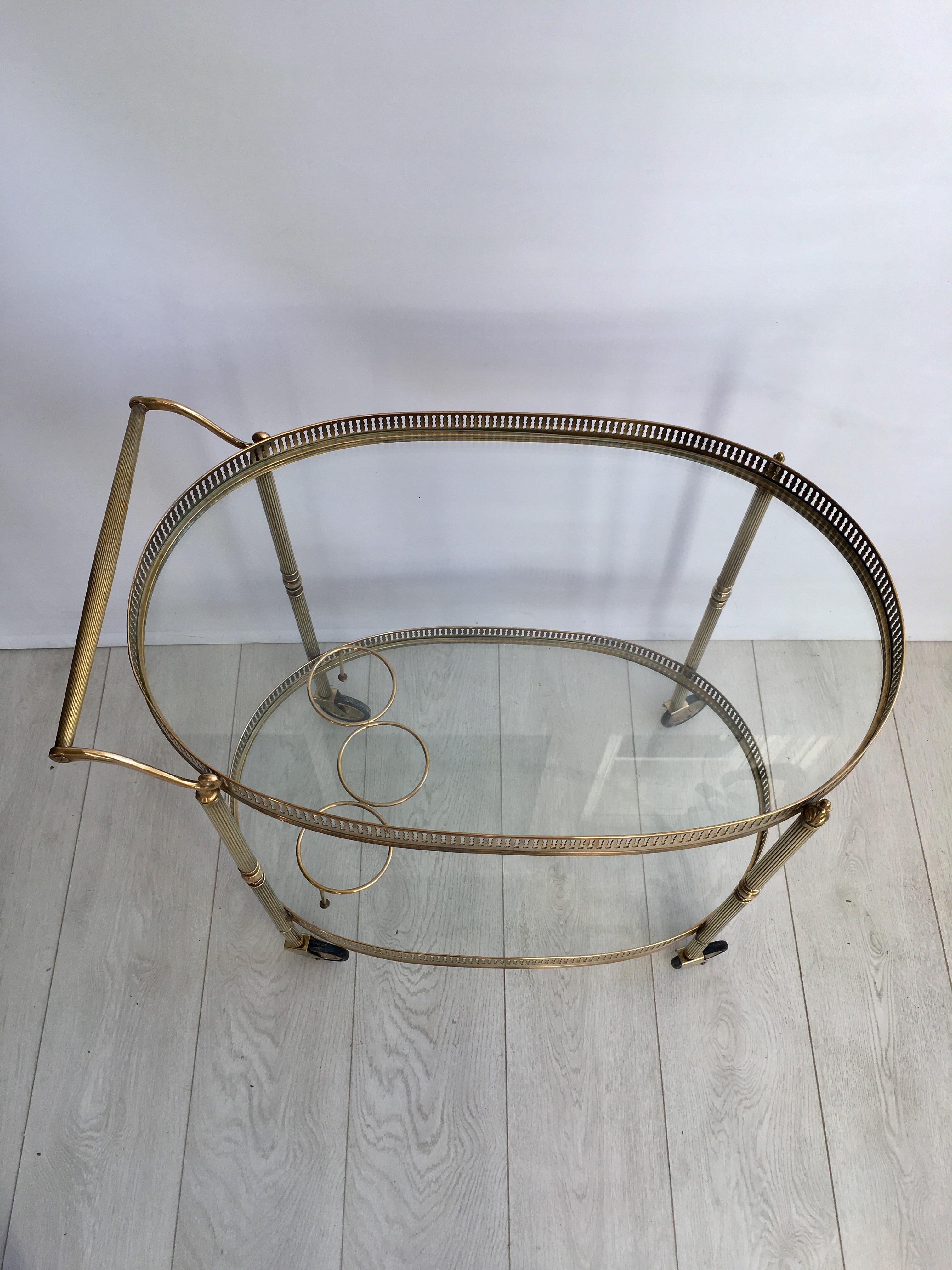 Vintage French Brass Oval Drinks Trolley or Bar Cart 1
