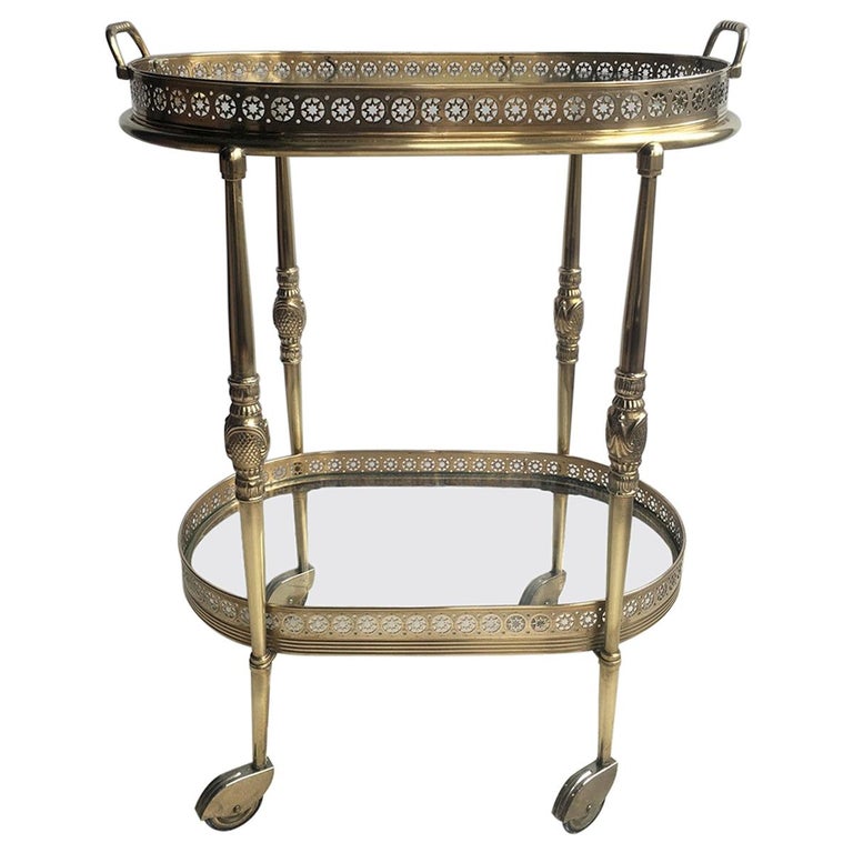 Vintage French Brass Oval Drinks Trolley or Bar Cart For Sale