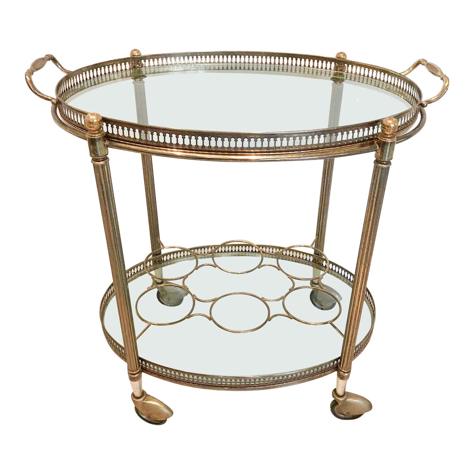 Vintage French Brass Oval Drinks Trolley or Bar Cart For Sale