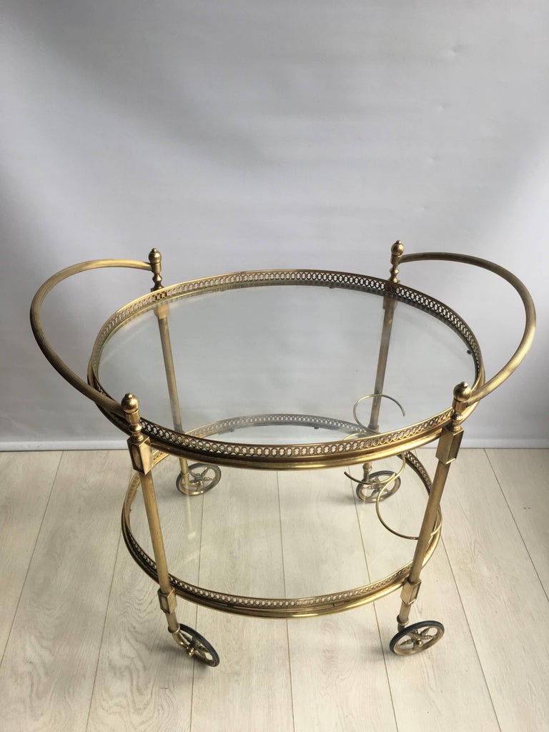 Hollywood Regency Vintage French Brass Oval Drinks Trolley/Bar Cart For Sale