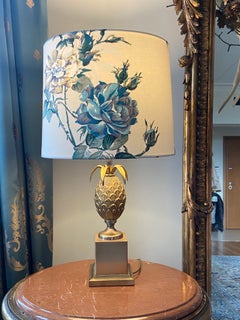 Lampada da tavolo francese vintage ad ananas in ottone della Maison Le Dauphin senza paralume