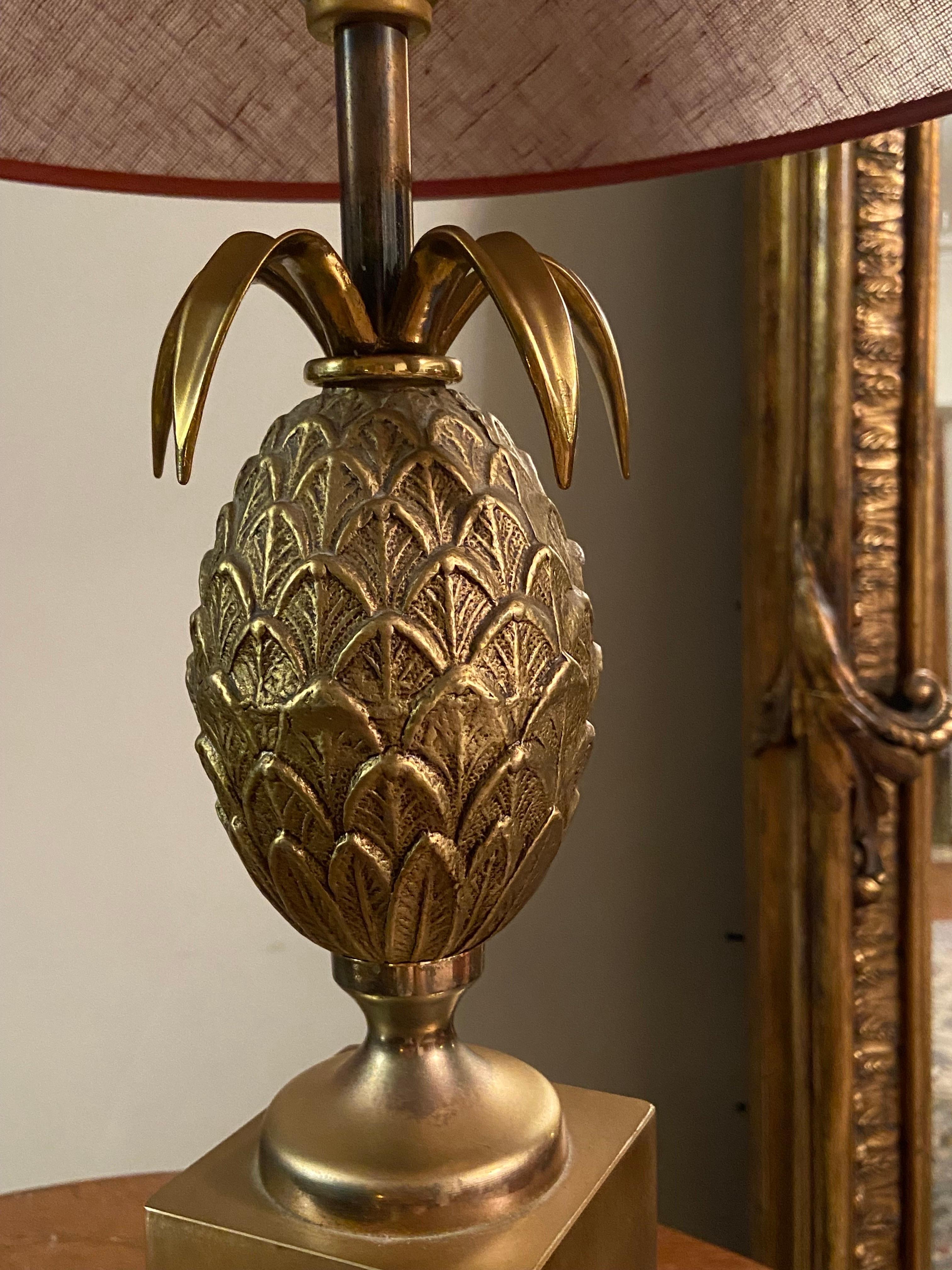 Vintage French Brass Pineapple Table Lamp by Maison Le Dauphin Without Shade For Sale 2