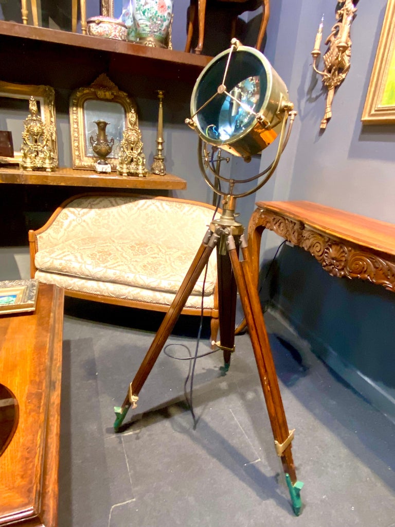 Vintage French Brass Searchlight on Large Wooden Tripod, Floor Lamp For  Sale at 1stDibs