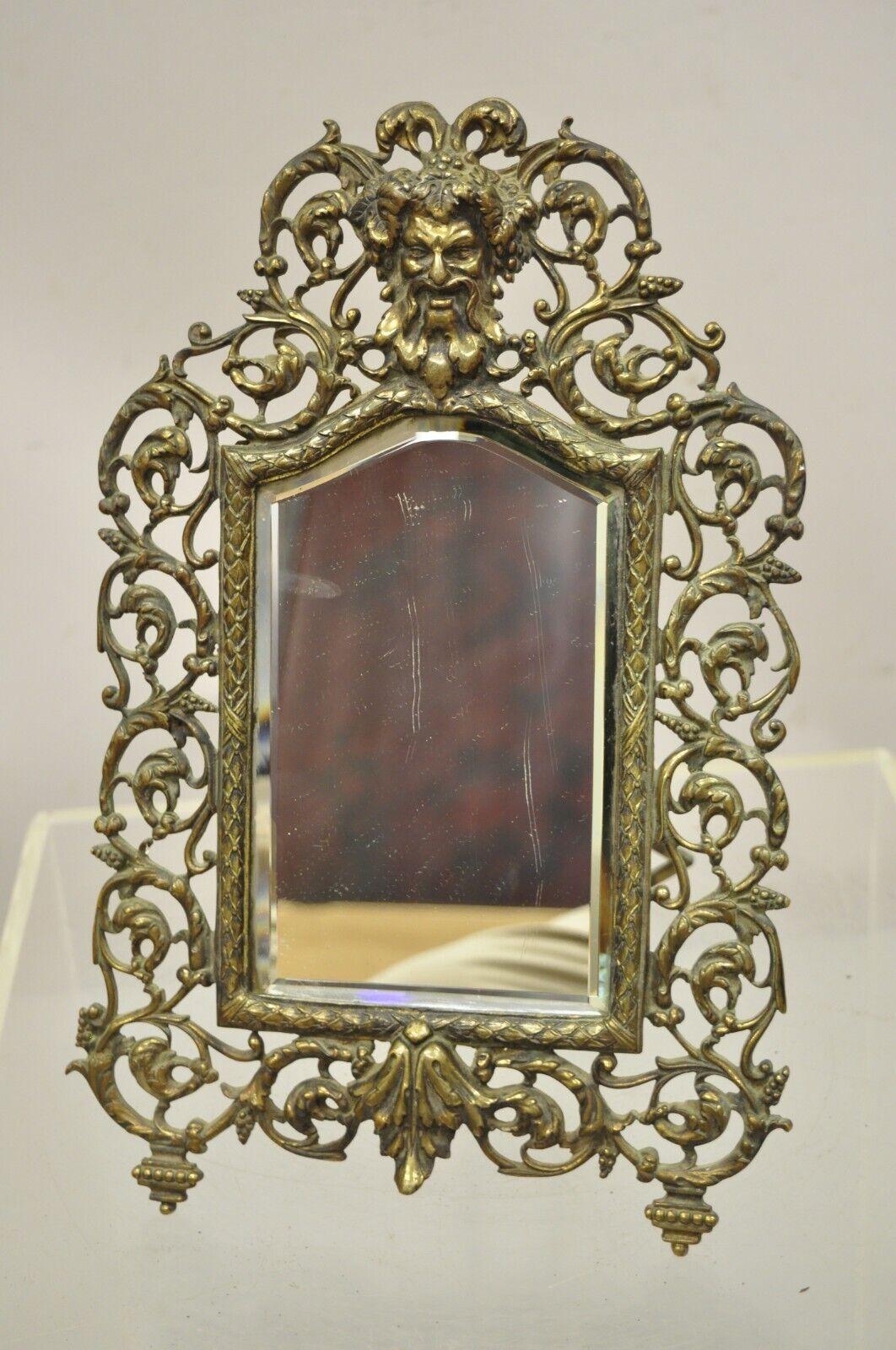 Renaissance Vintage French Brass Small Beveled Glass Vanity Shaving Mirror with Bacchus Face For Sale