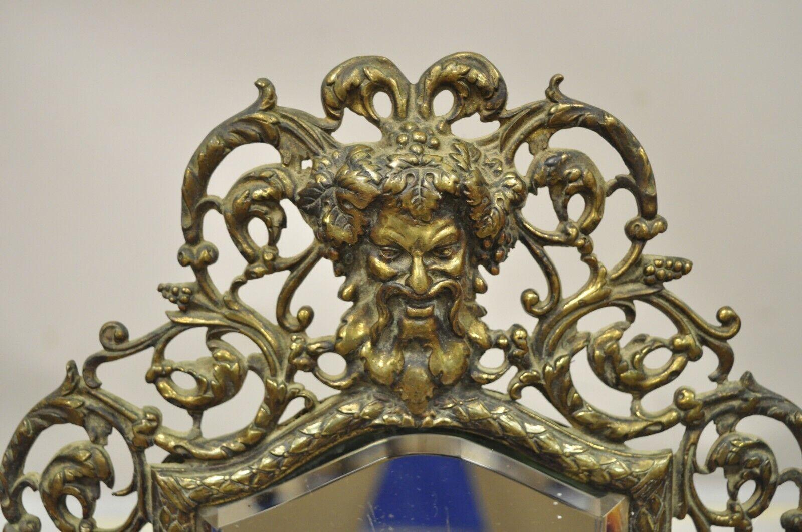 Vintage French Brass Small Beveled Glass Vanity Shaving Mirror with Bacchus Face In Good Condition For Sale In Philadelphia, PA