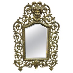 Vintage French Brass Small Beveled Glass Vanity Shaving Mirror with Bacchus Face