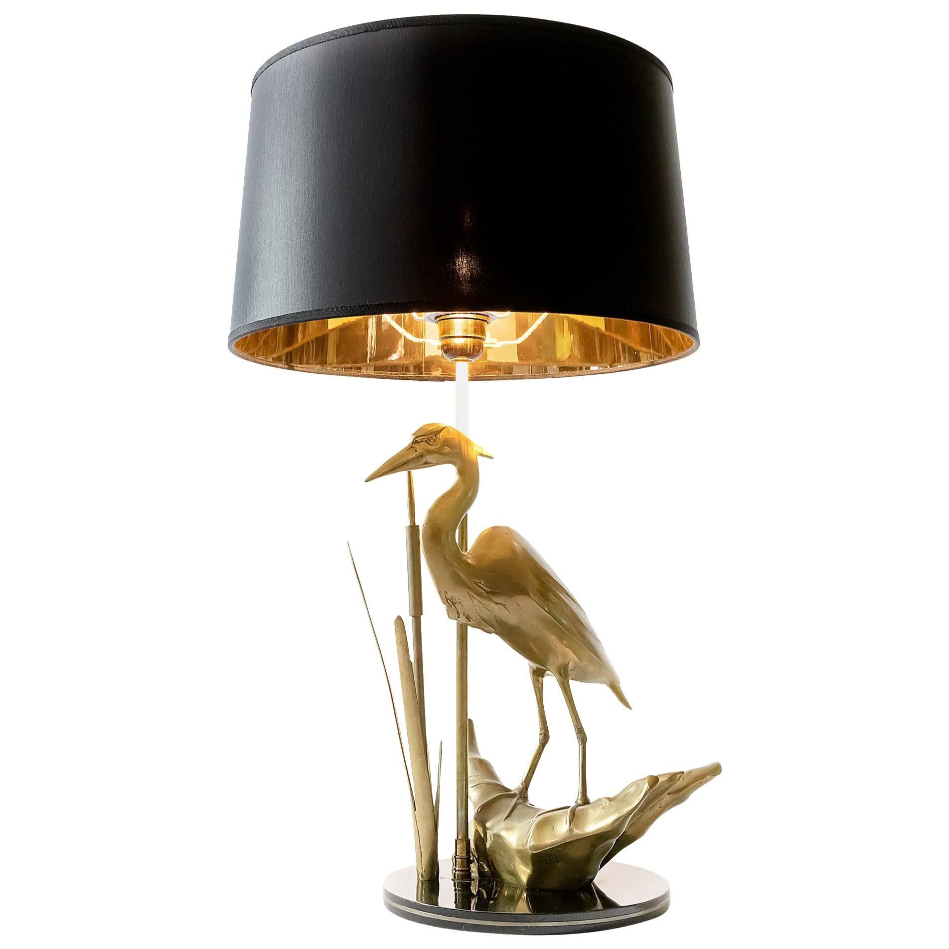 Vintage French Brass Table Lamp with Bird Figure by Maison Charles