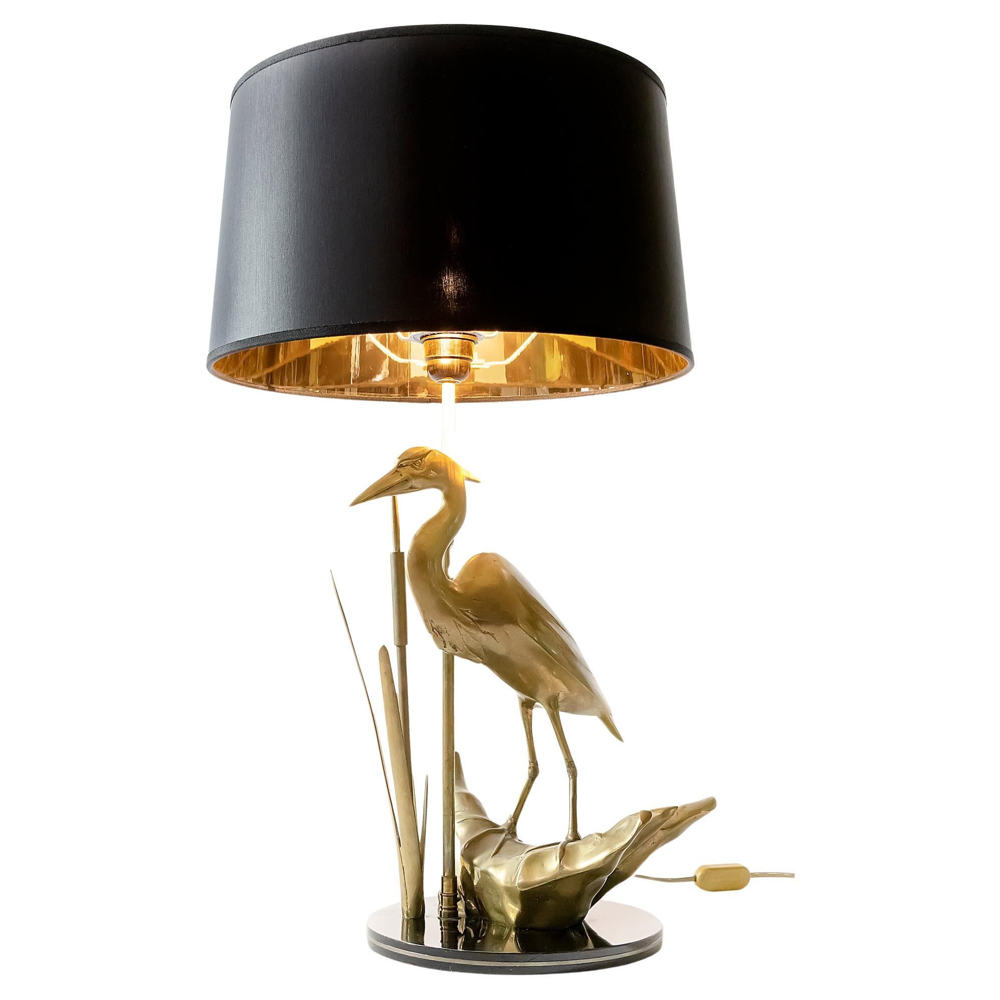 Vintage French Brass Table Lamp with Bird Figure by Maison Charles For Sale