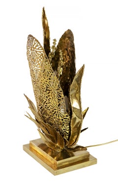 Vintage French Brass Table Lamp with Floral Decor created by Henri Fernandez