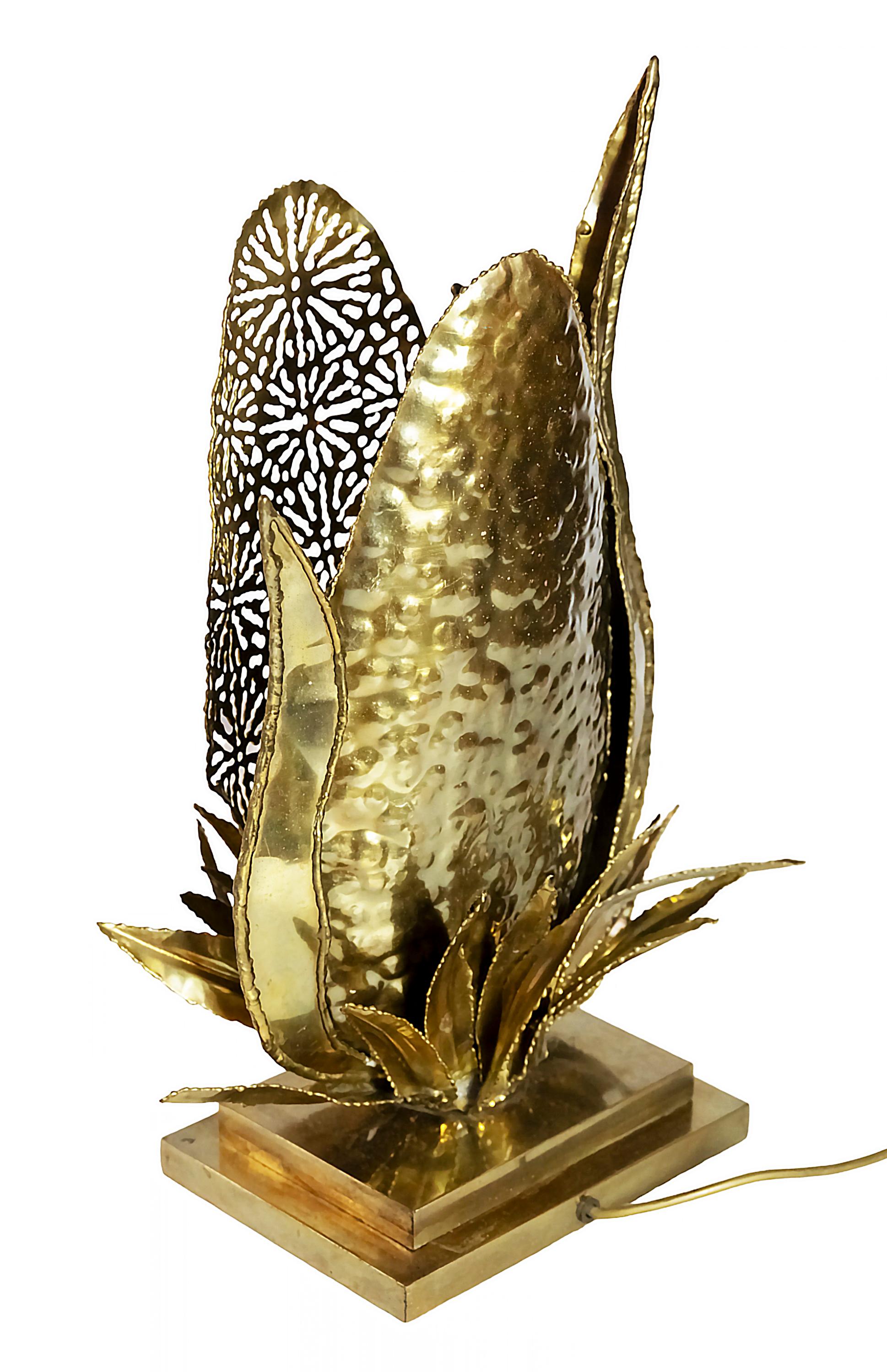 Mid-Century Modern Vintage French Brass Table Lamp with Floral Decor created by Henri Fernandez For Sale
