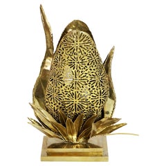 Vintage French Brass Table Lamp with Floral Decor created by Henri Fernandez