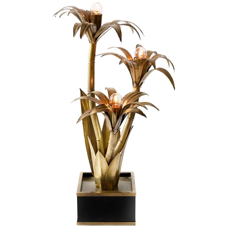 Vintage French Brass Table Lamp with Palm Figures by Maison Jansen For Sale