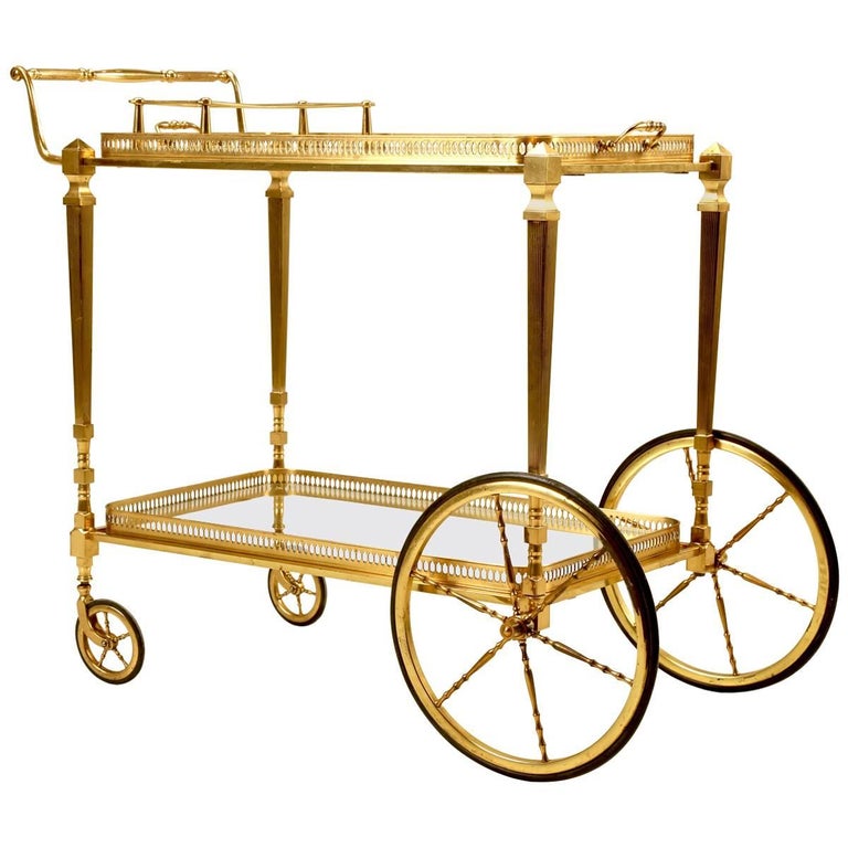 Vintage French Brass Tea or Bar Cart with Removable Tray at 1stDibs