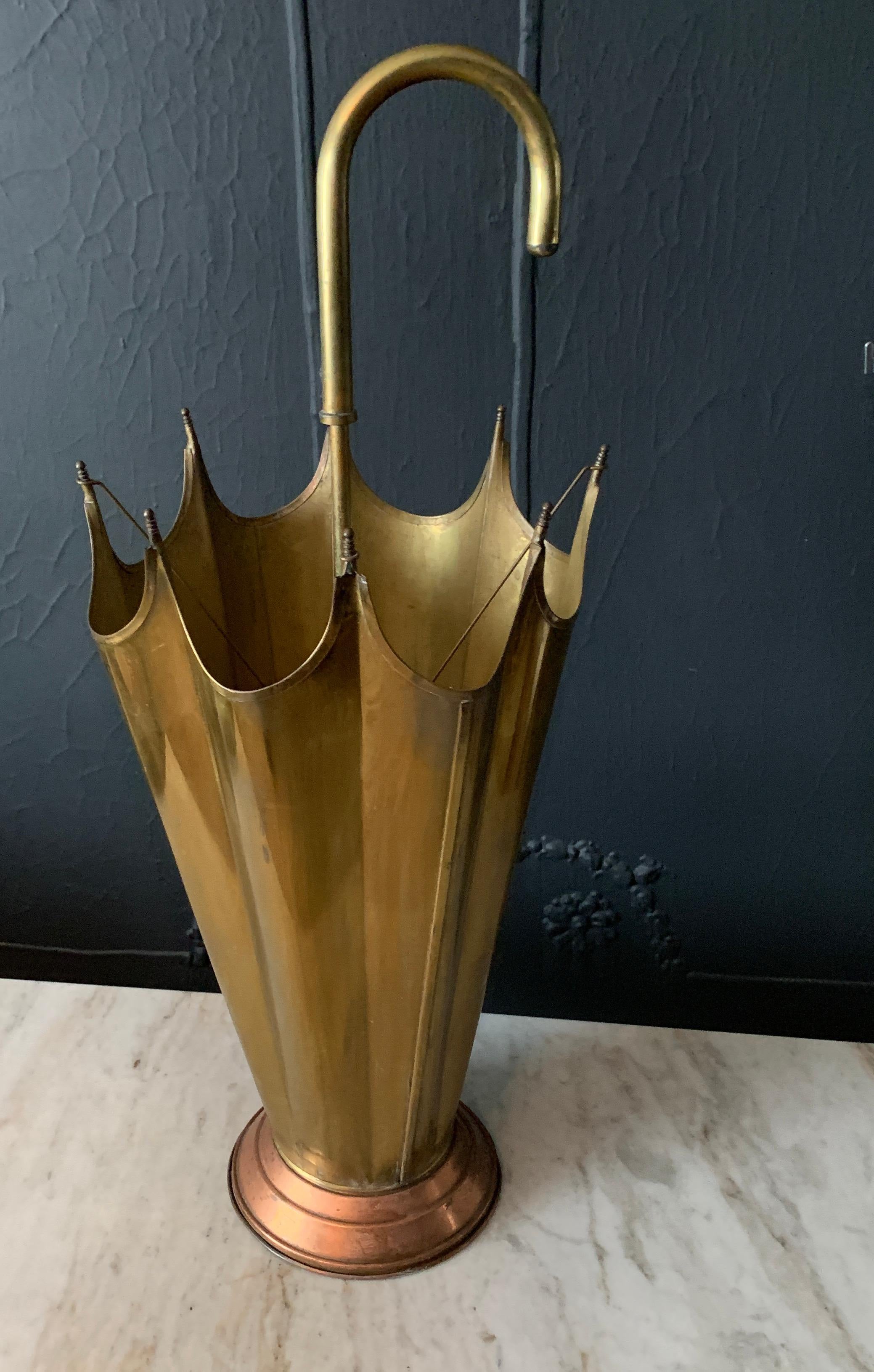 Mid-Century Modern Vintage French Brass Umbrella Stand with Copper Base