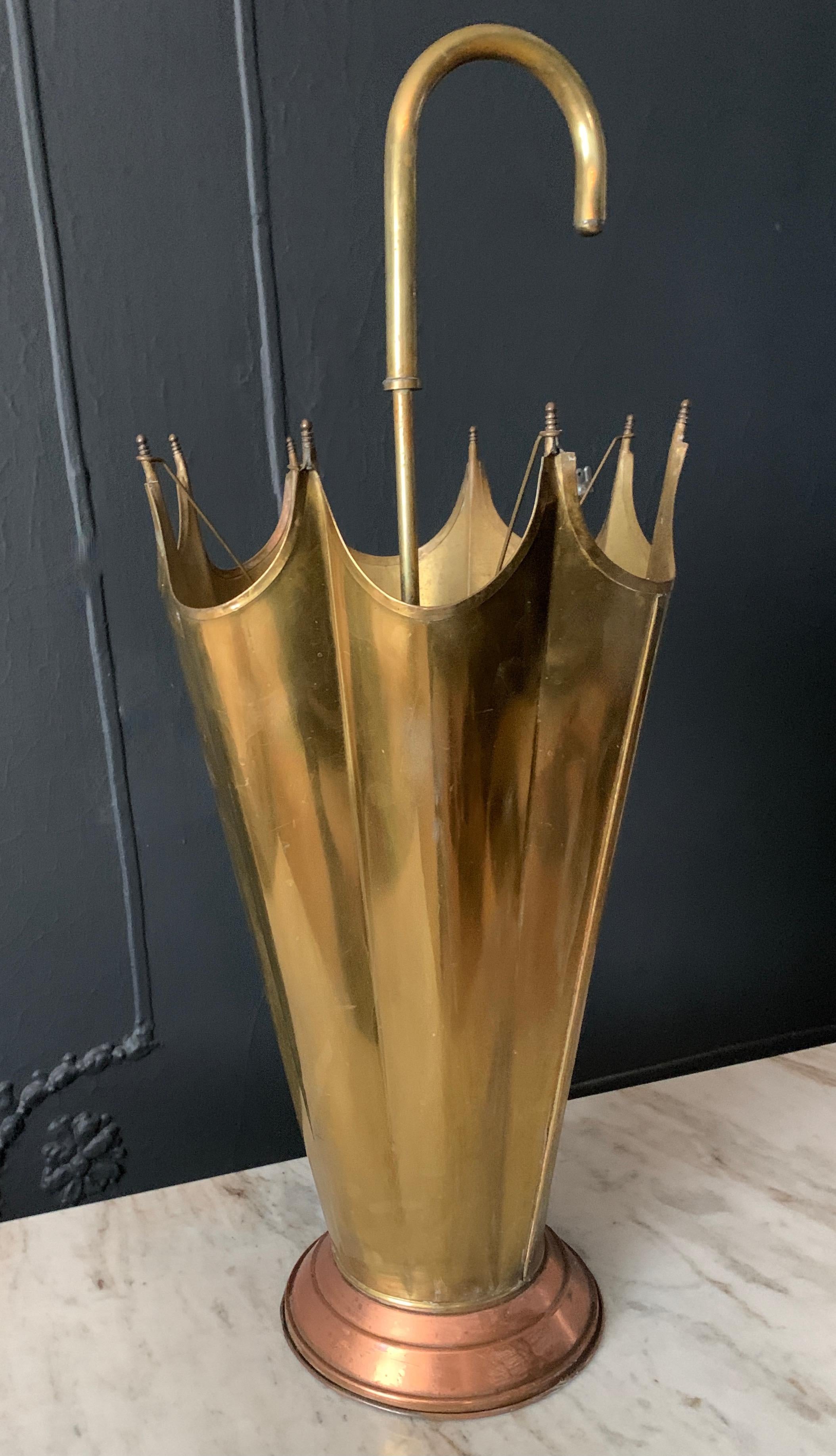 Vintage French Brass Umbrella Stand with Copper Base In Good Condition In Los Angeles, CA