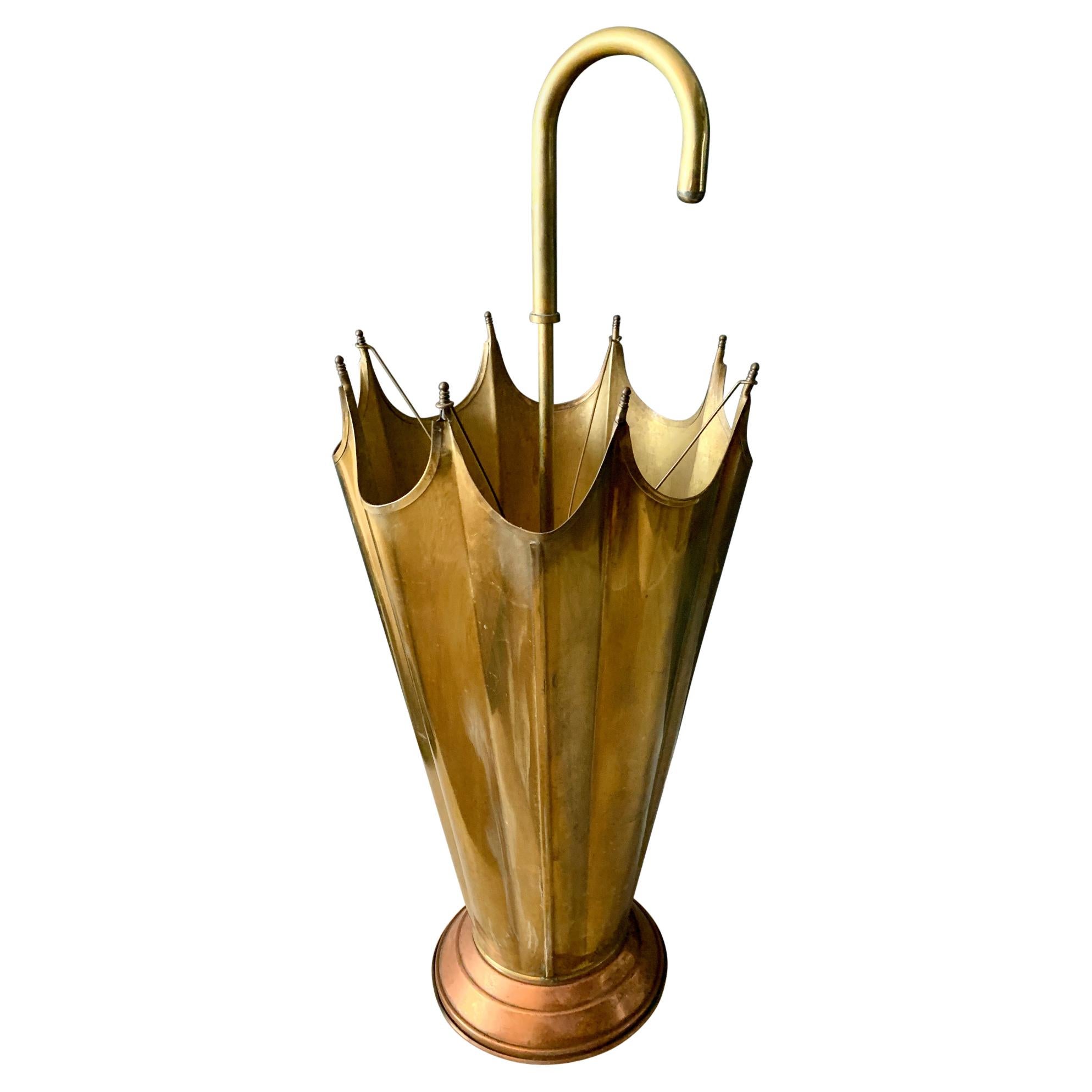 Vintage French Brass Umbrella Stand with Copper Base