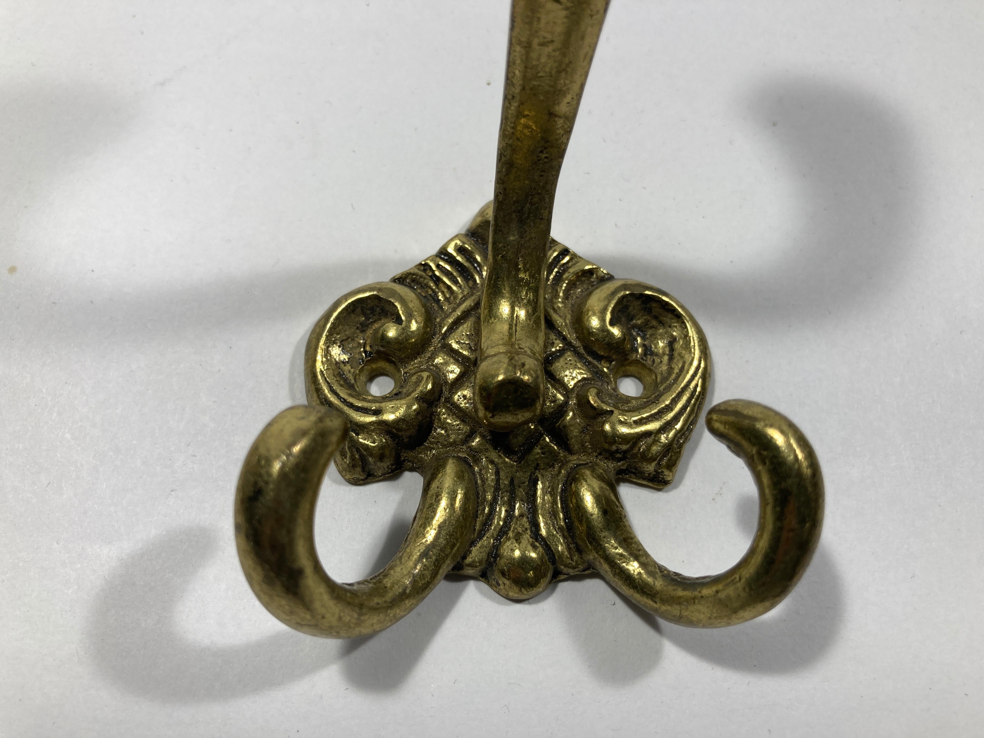 Vintage French Brass Wall Double Hook Set of 2 8