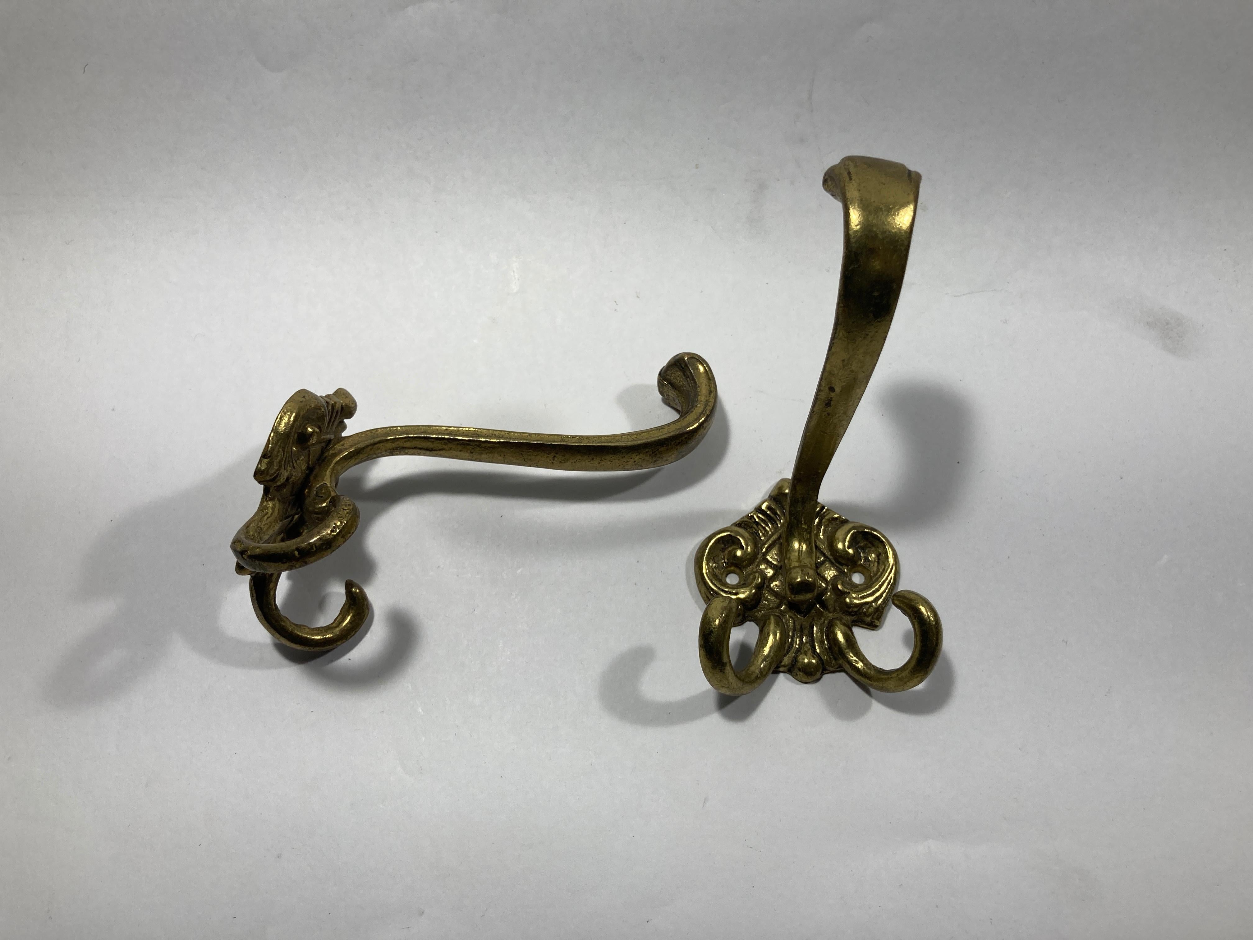 French Provincial Vintage French Brass Wall Double Hook Set of 2