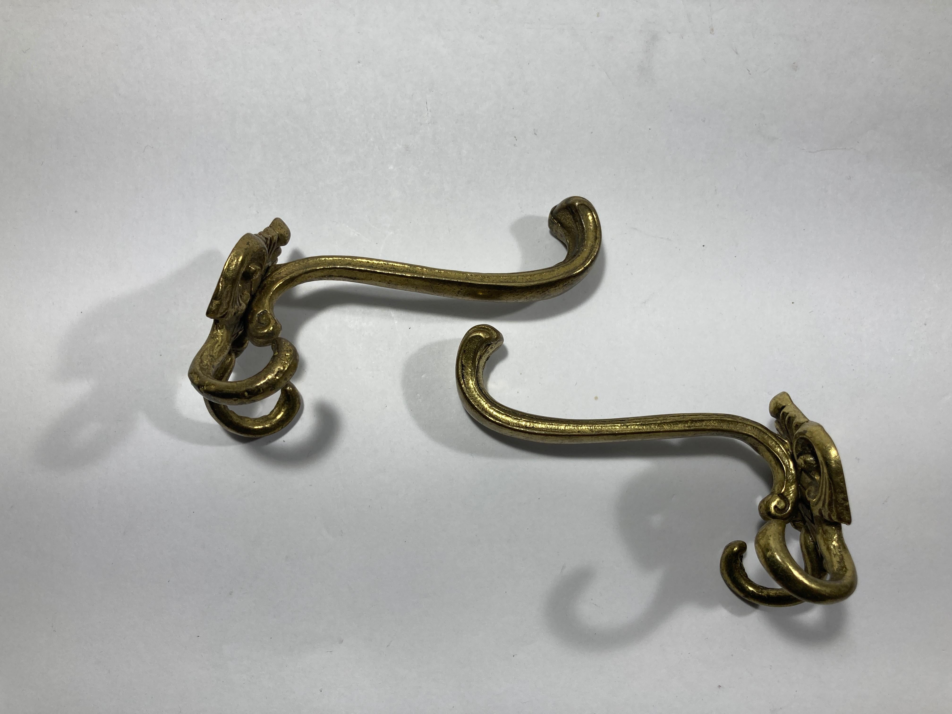 Cast Vintage French Brass Wall Double Hook Set of 2