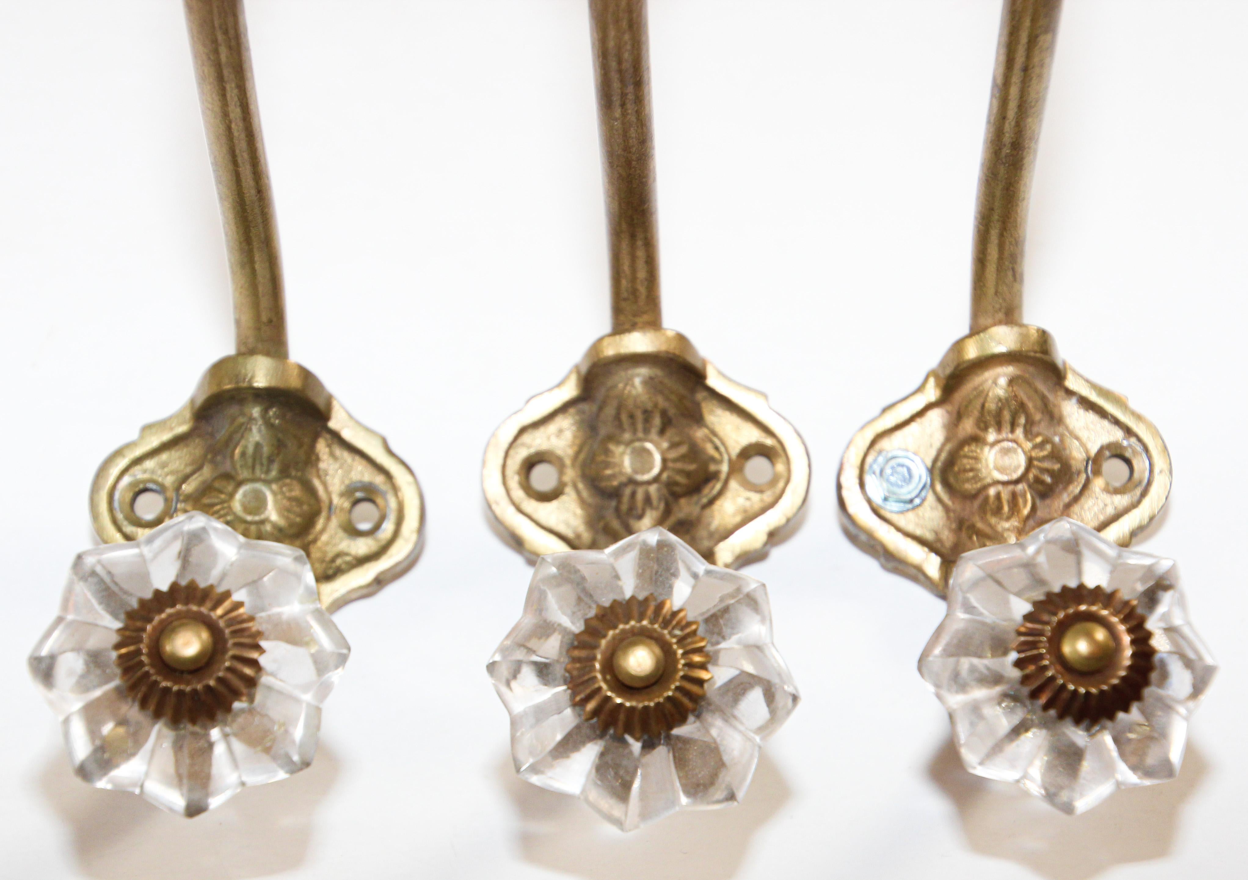 Vintage French Brass Wall Double Hook, Set of Three In Good Condition In Moreno Valley, CA