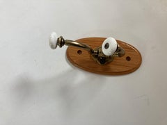 Vintage French Brass Wall Double Hook with Porcelain Knobs