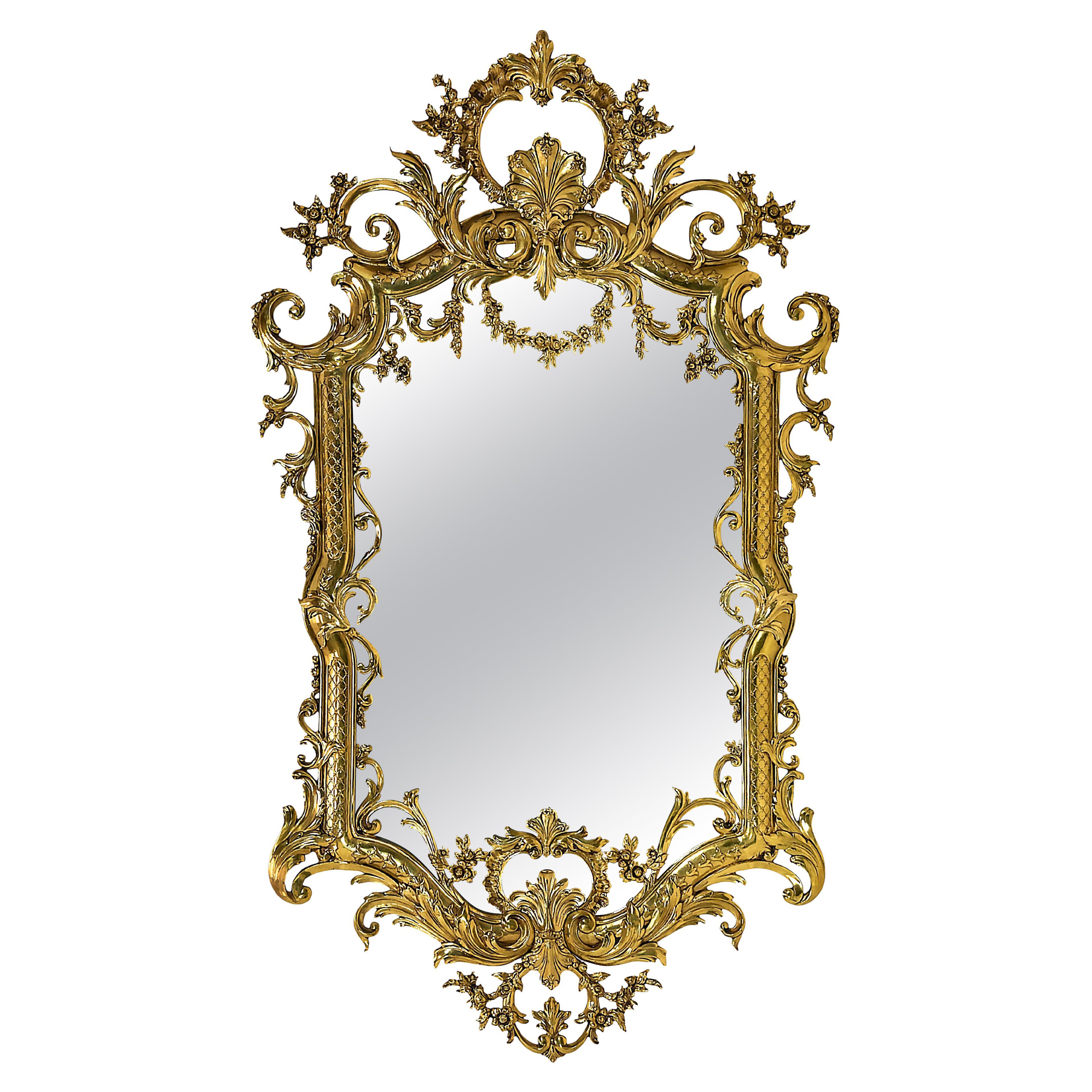 Vintage French Brass Wall Mirror, Rococo Style, Circa 1960-70, Large