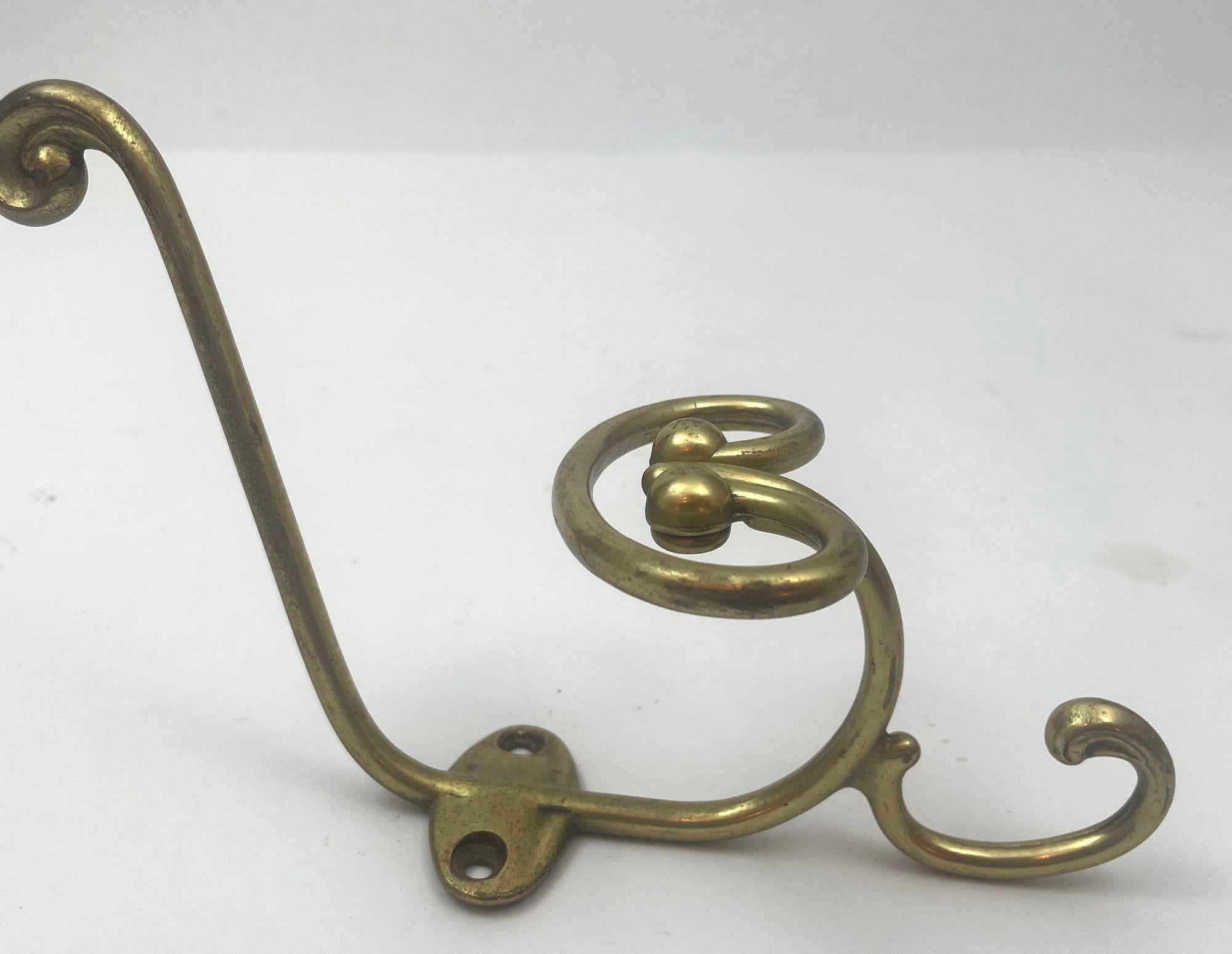 Vintage French Brass Wall Triple Coat Hook For Sale 7
