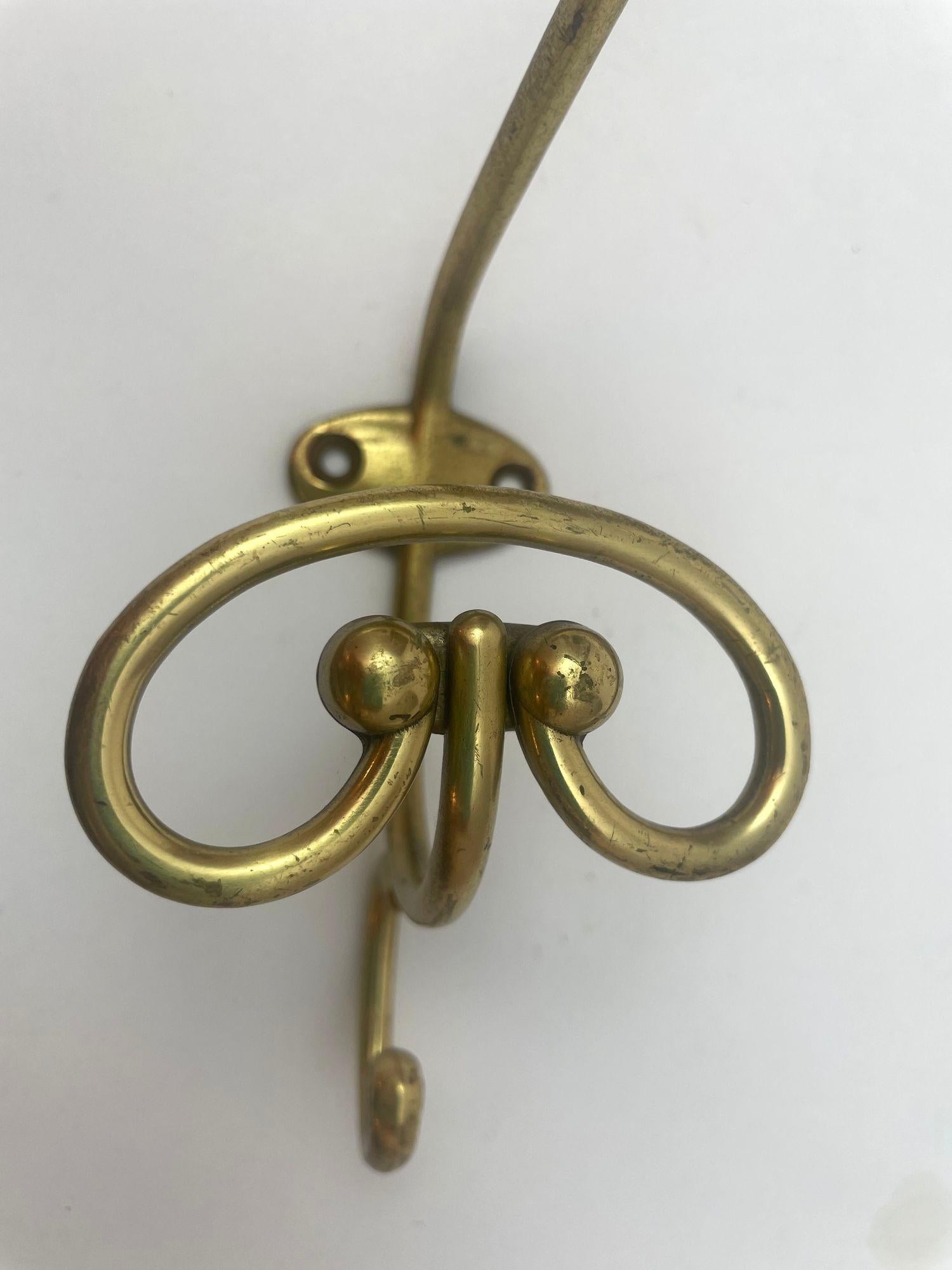 Vintage French Brass Wall Triple Coat Hook For Sale 3