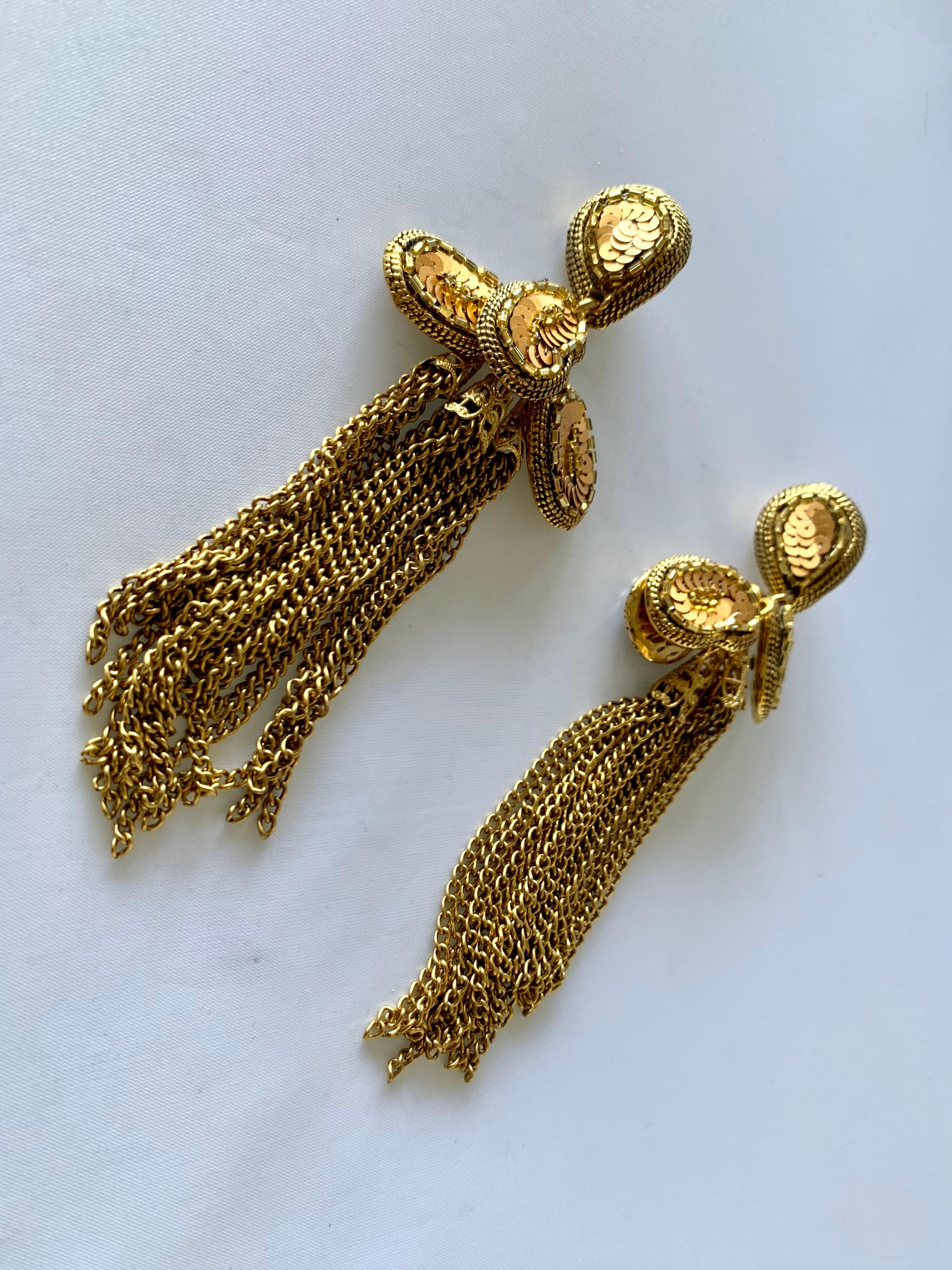 Artisan Vintage French Bronze and Gold Beaded Tassel Statement Earrings  For Sale
