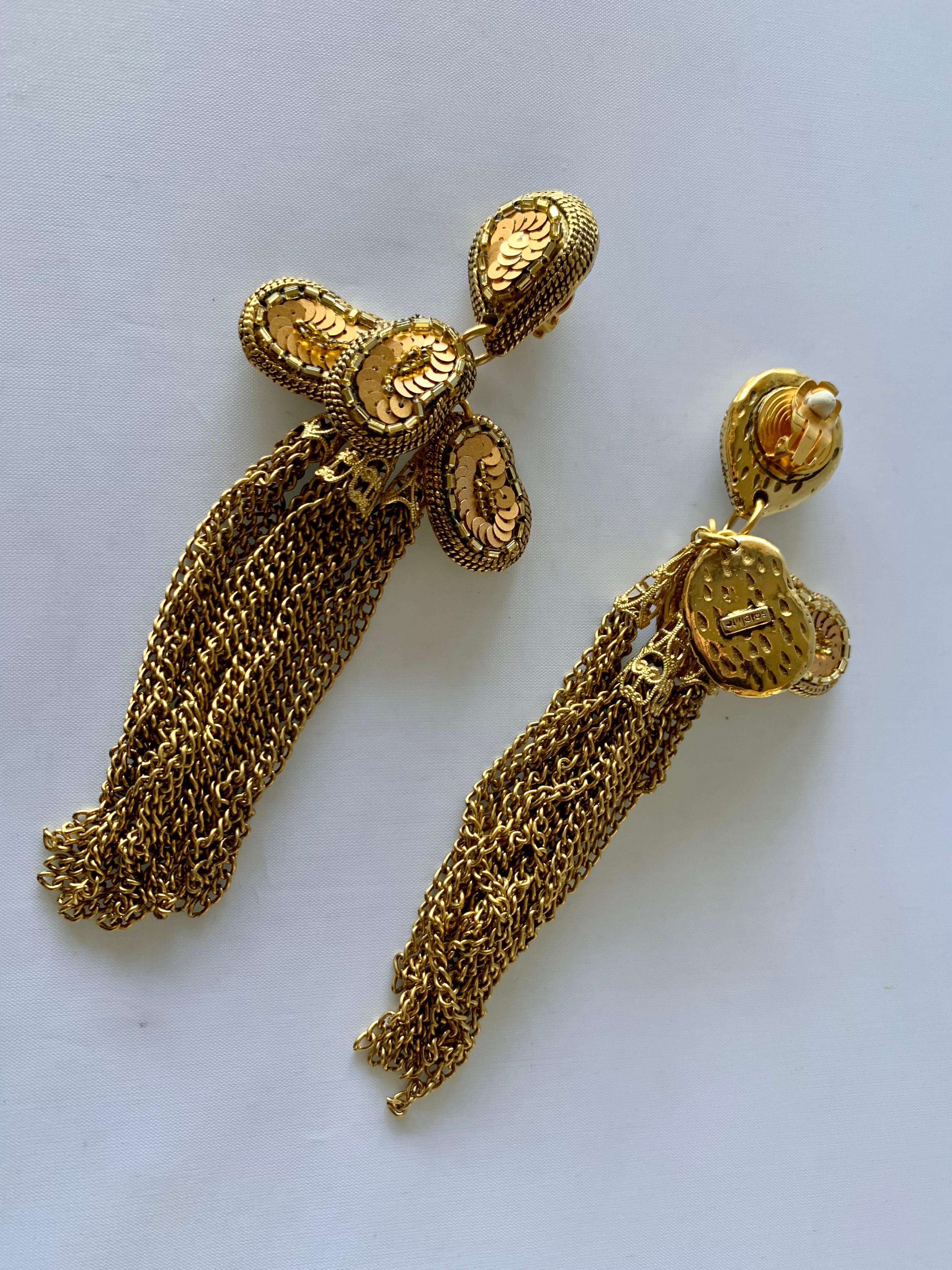 Vintage French Bronze and Gold Beaded Tassel Statement Earrings  In Excellent Condition For Sale In Palm Springs, CA