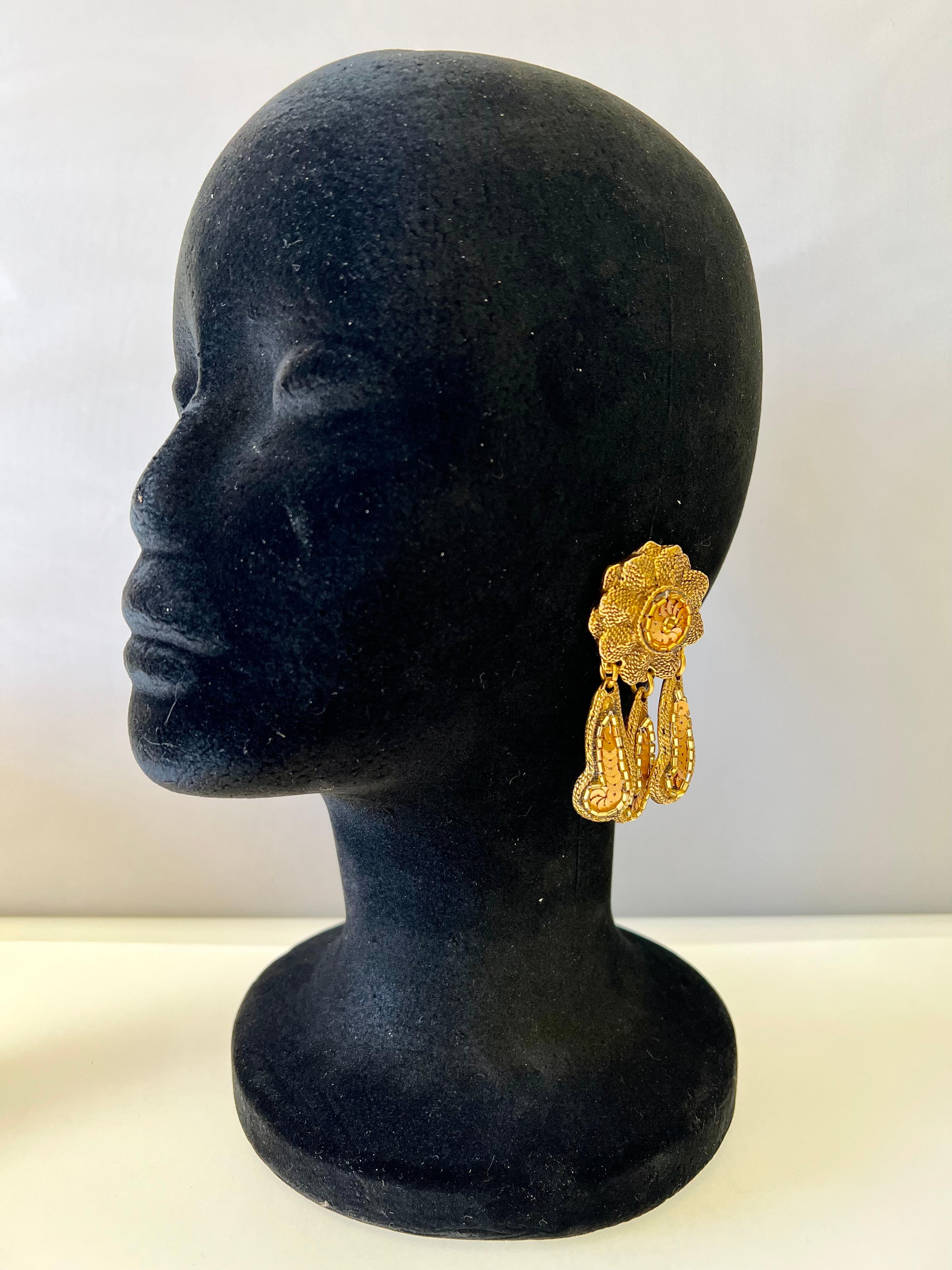 Artisan Vintage French Bronze Beaded Dangle Earrings 