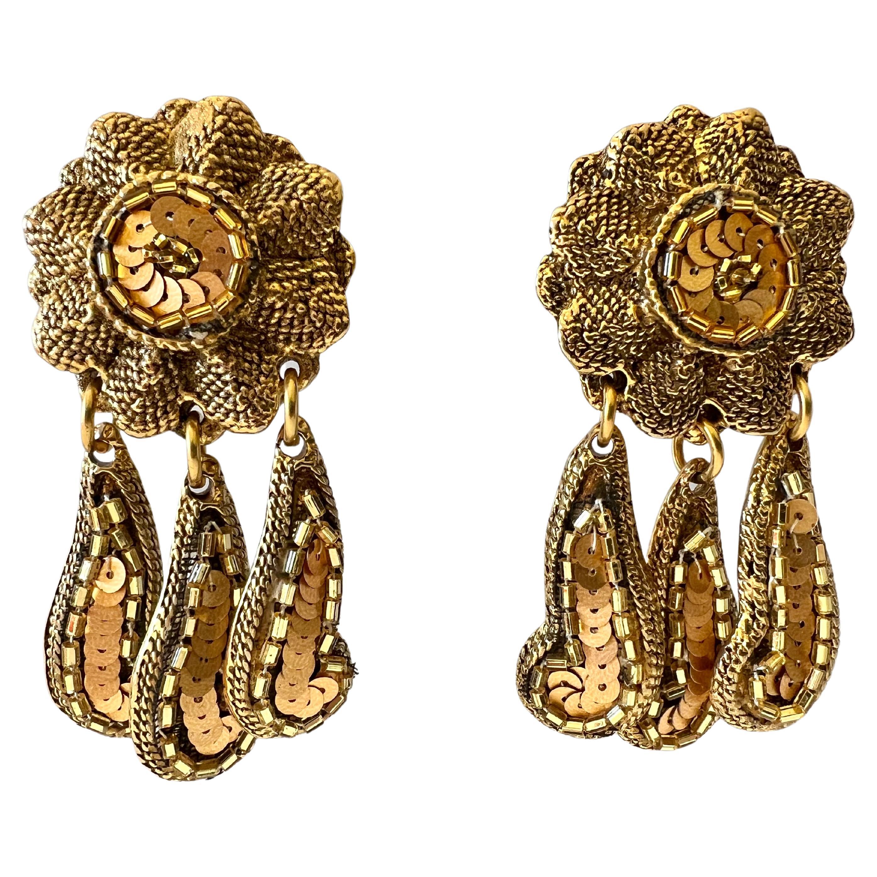 Vintage French Bronze Beaded Dangle Earrings 