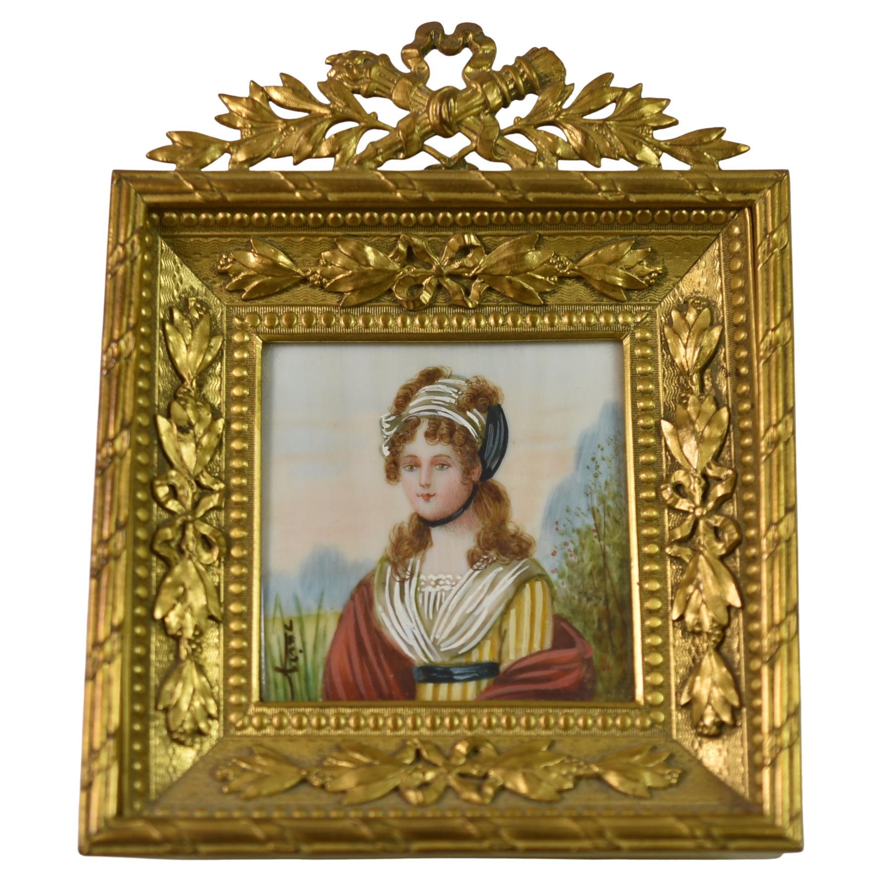 Vintage French Bronze Frame Gold Dore Miniature Painted Portrait For Sale