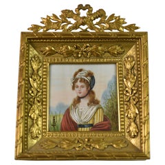 Vintage French Bronze Frame Gold Dore Miniature Painted Portrait