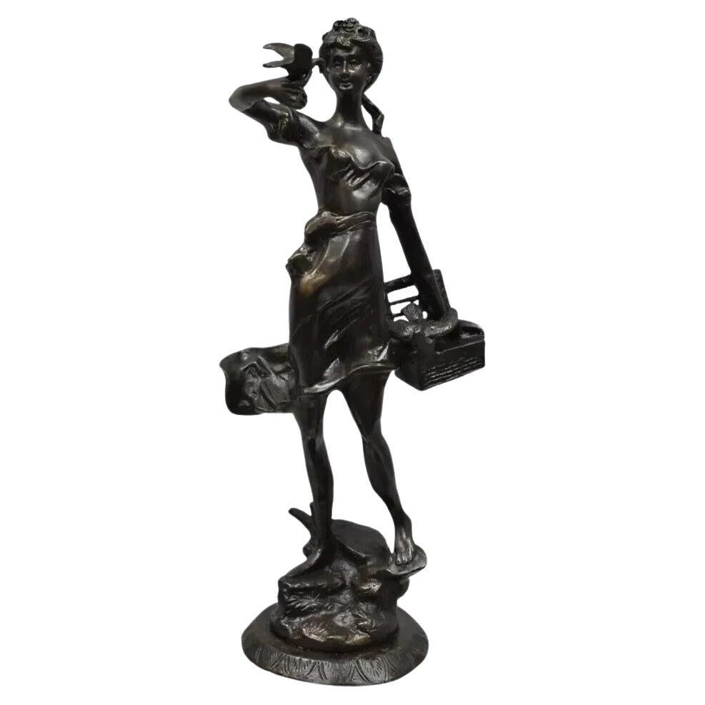Vintage French Bronze Sculpture of Woman w/ Birds & Basket After Emile Guillemin