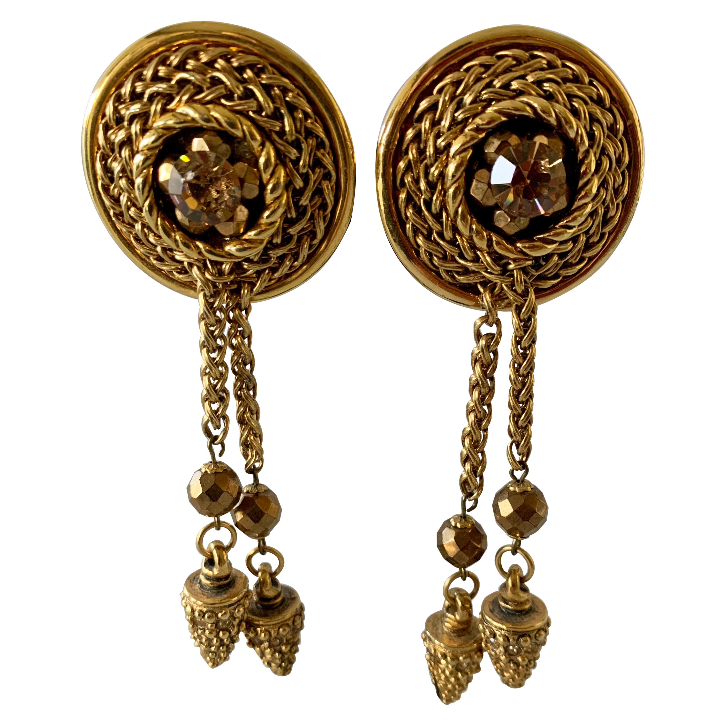 Vintage French Bronze Tassel Statement Earrings 