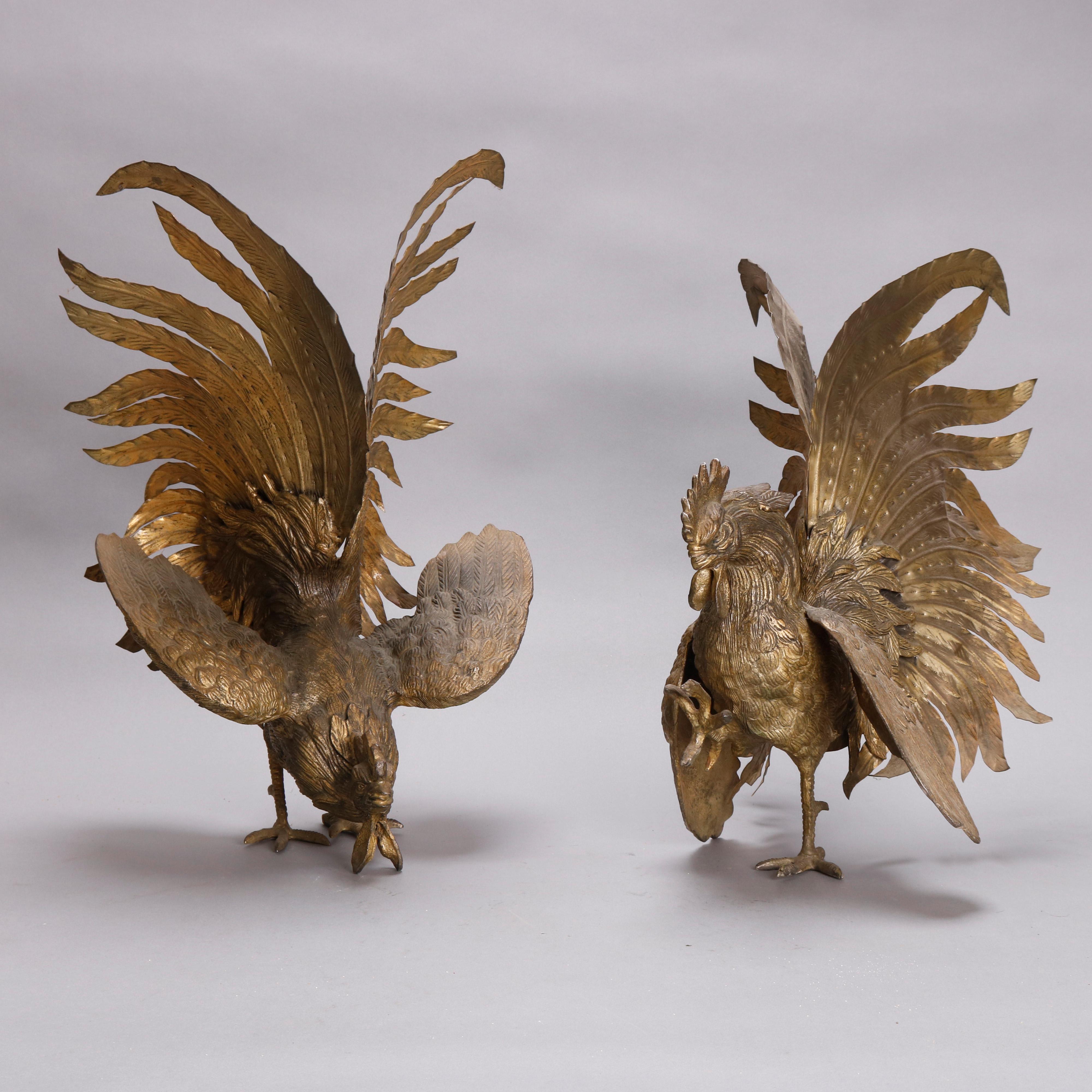 20th Century Vintage French Bronzed Metal Sculptures of Cock Fighting Roosters, circa 1930