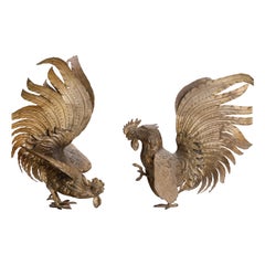 Vintage French Bronzed Metal Sculptures of Cock Fighting Roosters, circa 1930
