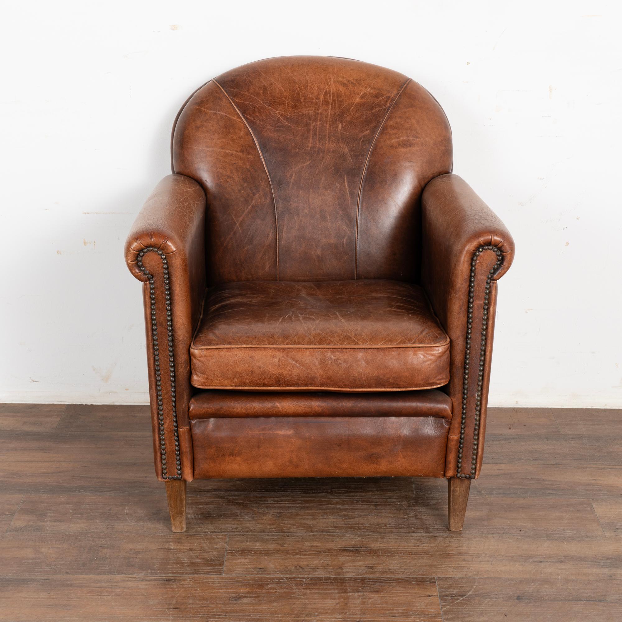 Art Deco Vintage French Brown Leather Club Arm Chair, circa 1960